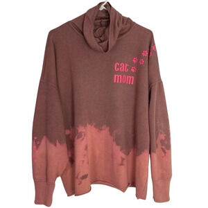 Handmade Cat Mom Sweatshirt Womens XL XXL Oversized Pullover Turtleneck Pink Tan